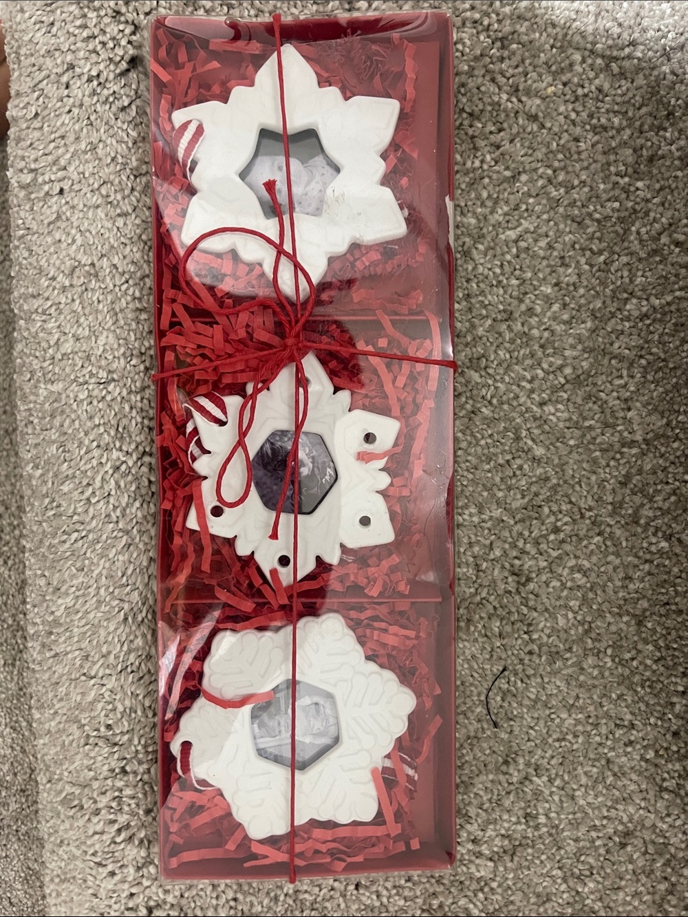 Crate&Barrel White Snowflake Ornament Set with Red Cord
